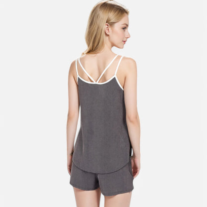 Anna-Kaci Women's Ribbed Lounge Set with Contrast Trim Sleeveless Top and Elastic Waist Shorts