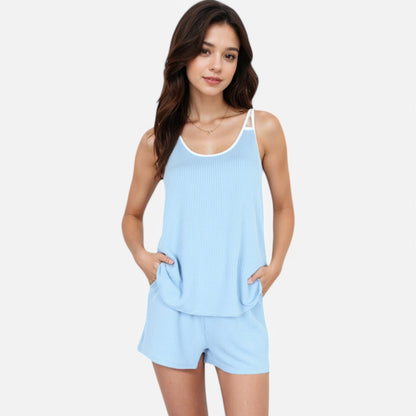 Anna-Kaci Women's Ribbed Lounge Set with Contrast Trim Sleeveless Top and Elastic Waist Shorts