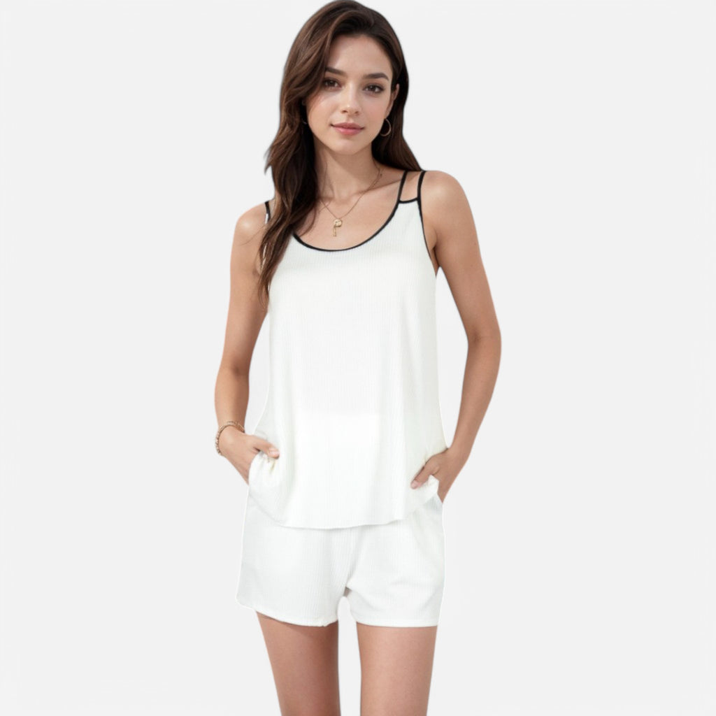 Anna-Kaci Women's Ribbed Lounge Set with Contrast Trim Sleeveless Top and Elastic Waist Shorts