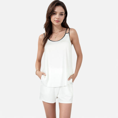 Anna-Kaci Women's Ribbed Lounge Set with Contrast Trim Sleeveless Top and Elastic Waist Shorts