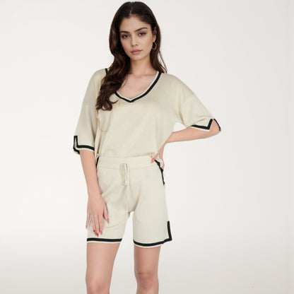 Anna-Kaci Women's Knit Lounge Set with V-Neck Top and Drawstring Shorts Featuring Contrast Trim