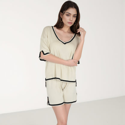 Anna-Kaci Women's Knit Lounge Set with V-Neck Top and Drawstring Shorts Featuring Contrast Trim
