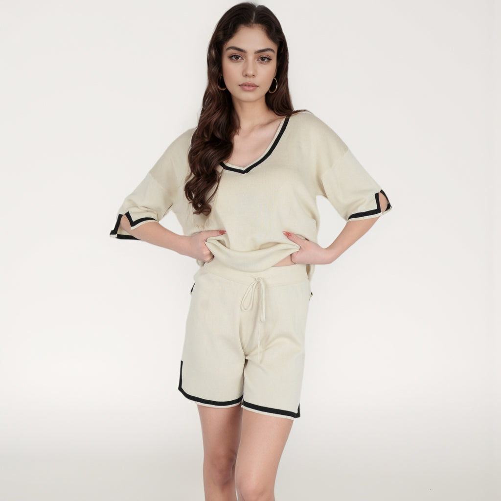 Anna-Kaci Women's Knit Lounge Set with V-Neck Top and Drawstring Shorts Featuring Contrast Trim