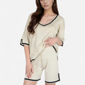 Anna-Kaci Women's Knit Lounge Set with V-Neck Top and Drawstring Shorts Featuring Contrast Trim