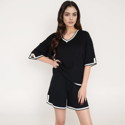 Anna-Kaci Women's Knit Lounge Set with V-Neck Top and Drawstring Shorts Featuring Contrast Trim