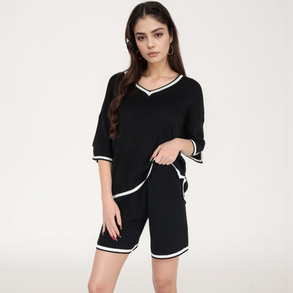 Anna-Kaci Women's Knit Lounge Set with V-Neck Top and Drawstring Shorts Featuring Contrast Trim