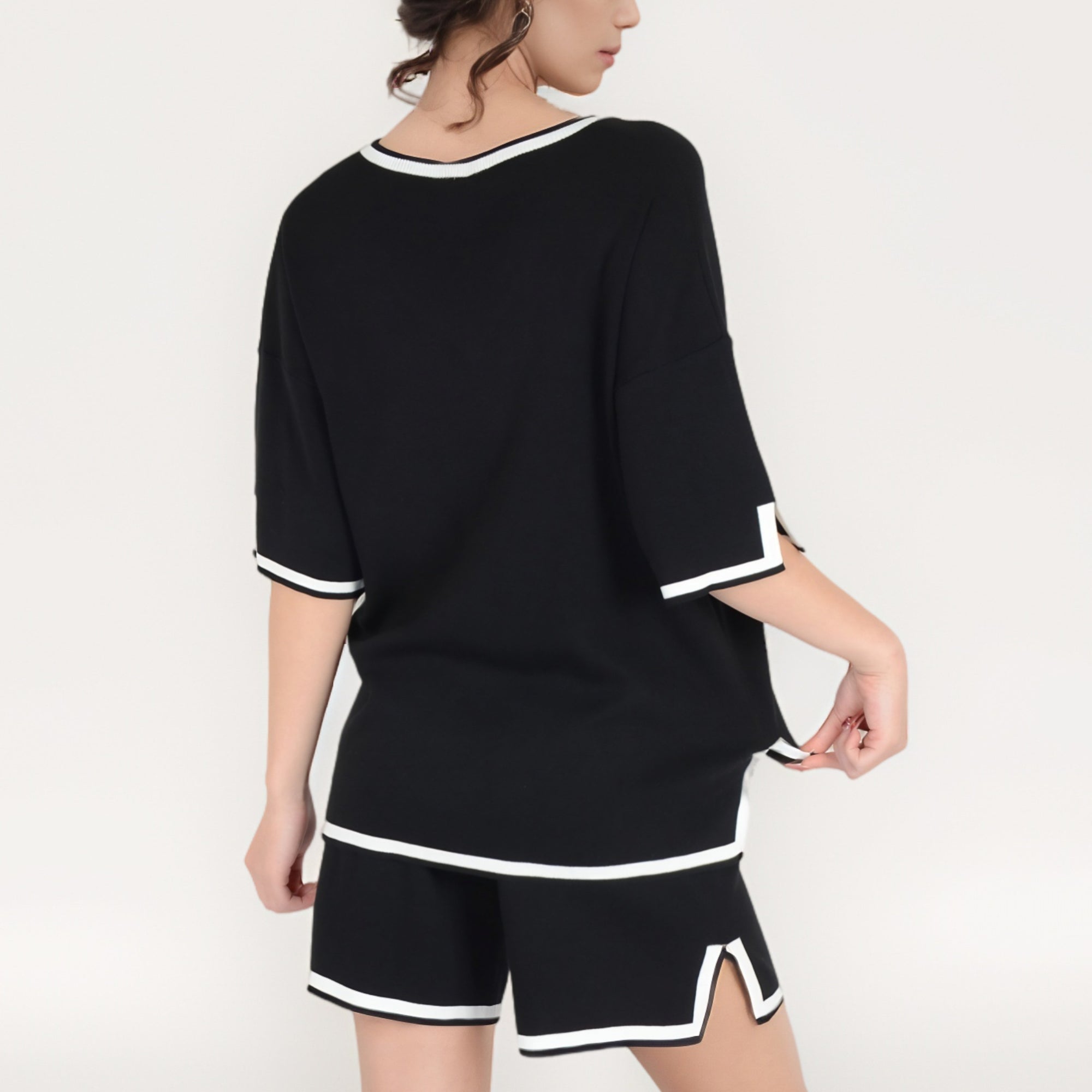 Anna-Kaci Women's Knit Lounge Set with V-Neck Top and Drawstring Shorts Featuring Contrast Trim