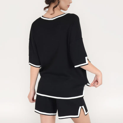Anna-Kaci Women's Knit Lounge Set with V-Neck Top and Drawstring Shorts Featuring Contrast Trim