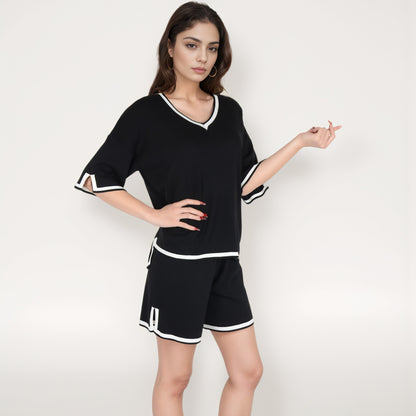 Anna-Kaci Women's Knit Lounge Set with V-Neck Top and Drawstring Shorts Featuring Contrast Trim