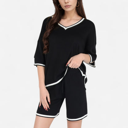 Anna-Kaci Women's Knit Lounge Set with V-Neck Top and Drawstring Shorts Featuring Contrast Trim