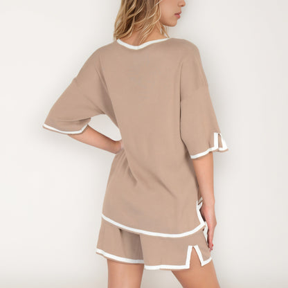 Anna-Kaci Women's Knit Lounge Set with V-Neck Top and Drawstring Shorts Featuring Contrast Trim