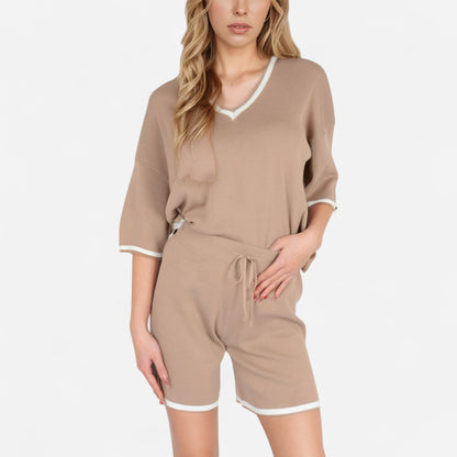Anna-Kaci Women's Knit Lounge Set with V-Neck Top and Drawstring Shorts Featuring Contrast Trim
