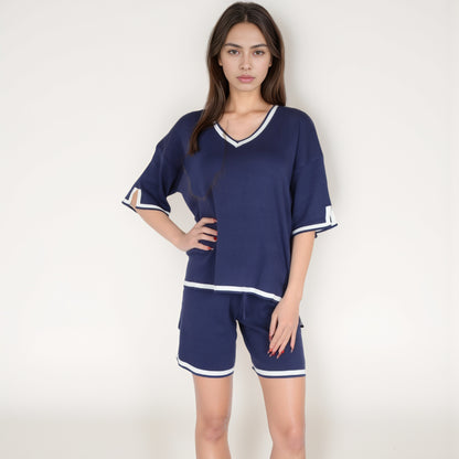Anna-Kaci Women's Knit Lounge Set with V-Neck Top and Drawstring Shorts Featuring Contrast Trim