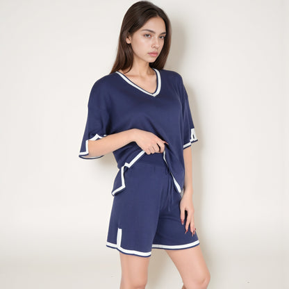 Anna-Kaci Women's Knit Lounge Set with V-Neck Top and Drawstring Shorts Featuring Contrast Trim