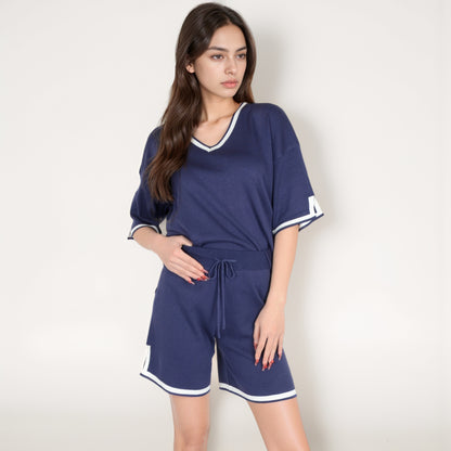 Anna-Kaci Women's Knit Lounge Set with V-Neck Top and Drawstring Shorts Featuring Contrast Trim