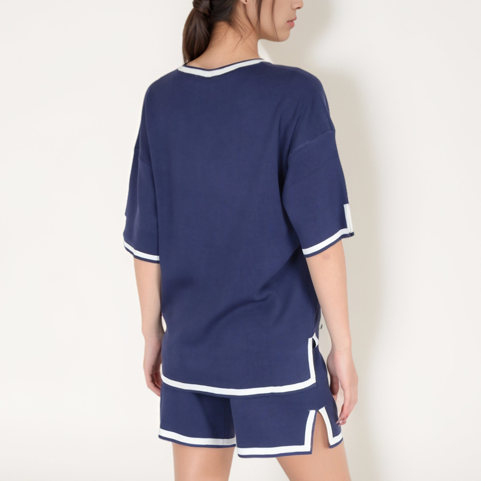 Anna-Kaci Women's Knit Lounge Set with V-Neck Top and Drawstring Shorts Featuring Contrast Trim