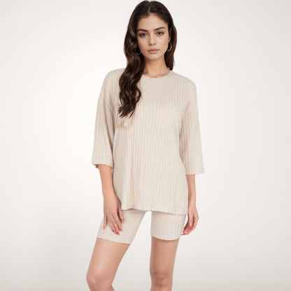 Anna-Kaci Women's Ribbed Knit Lounge Set with 3/4 Sleeve Top and Fitted Shorts
