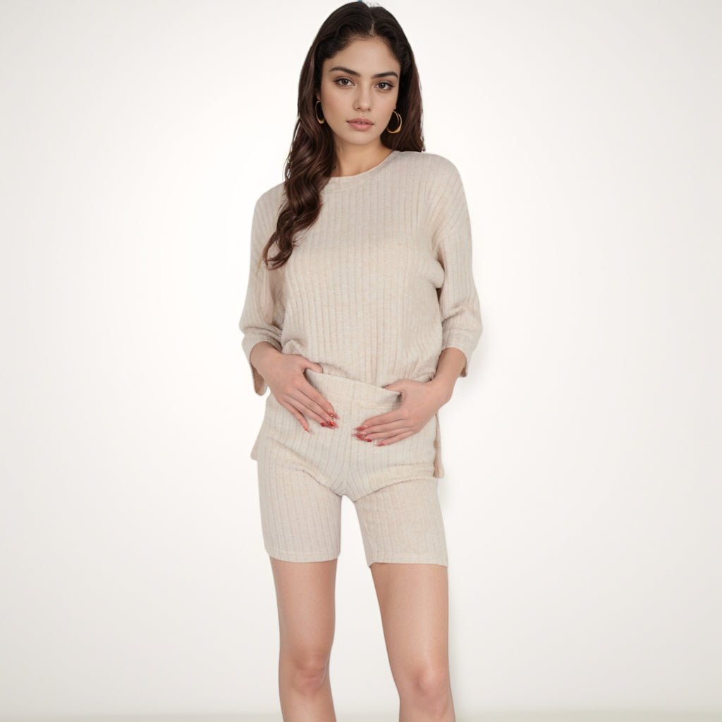 Anna-Kaci Women's Ribbed Knit Lounge Set with 3/4 Sleeve Top and Fitted Shorts