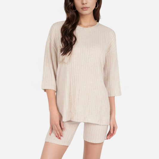 Anna-Kaci Women's Ribbed Knit Lounge Set with 3/4 Sleeve Top and Fitted Shorts