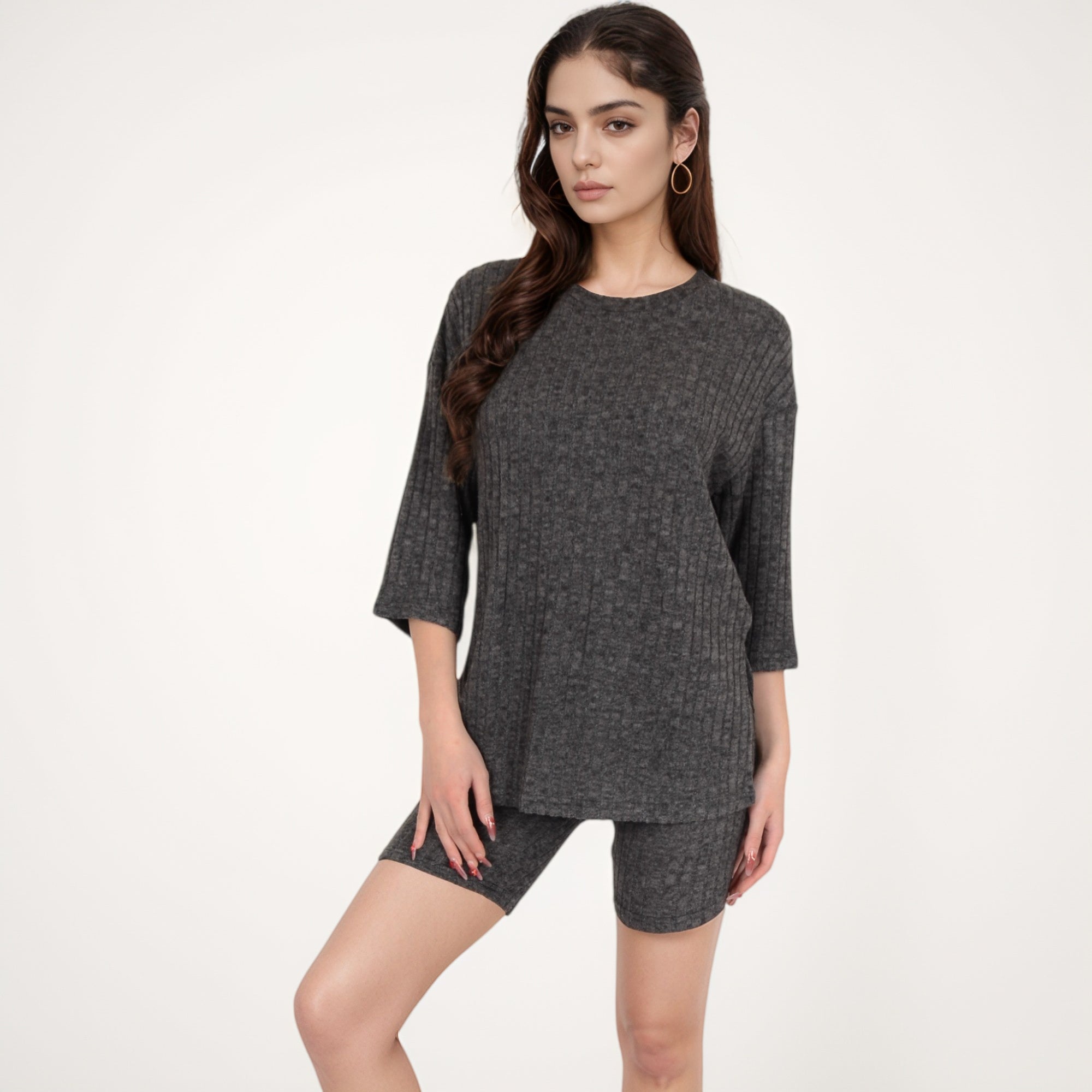 Anna-Kaci Women's Ribbed Knit Lounge Set with 3/4 Sleeve Top and Fitted Shorts