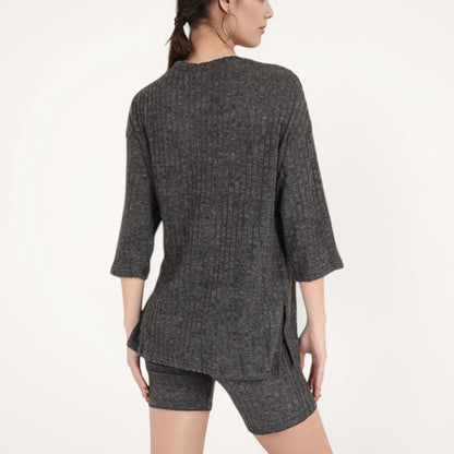 Anna-Kaci Women's Ribbed Knit Lounge Set with 3/4 Sleeve Top and Fitted Shorts