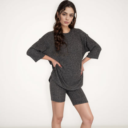 Anna-Kaci Women's Ribbed Knit Lounge Set with 3/4 Sleeve Top and Fitted Shorts
