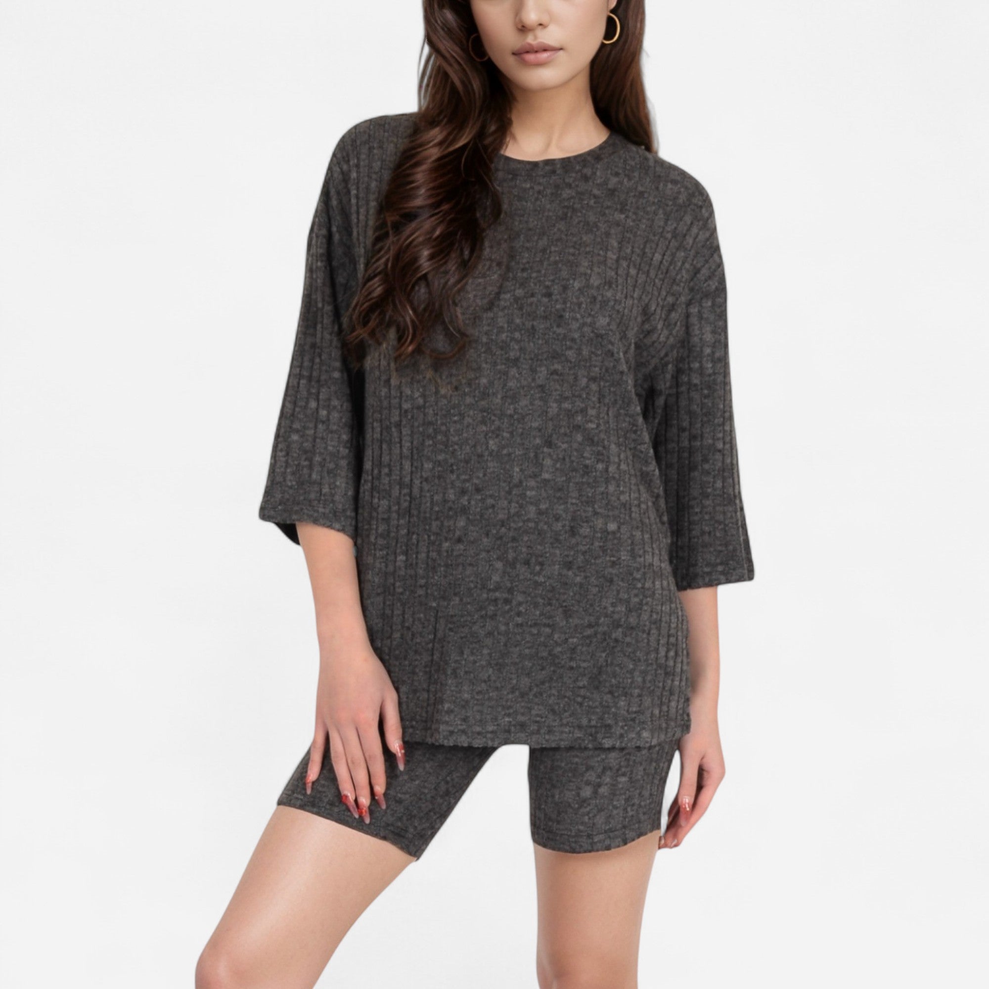 Anna-Kaci Women's Ribbed Knit Lounge Set with 3/4 Sleeve Top and Fitted Shorts