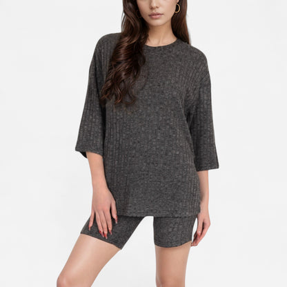 Anna-Kaci Women's Ribbed Knit Lounge Set with 3/4 Sleeve Top and Fitted Shorts