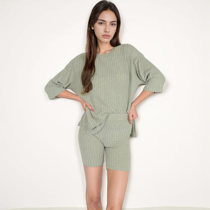 Anna-Kaci Women's Ribbed Knit Lounge Set with 3/4 Sleeve Top and Fitted Shorts