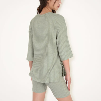 Anna-Kaci Women's Ribbed Knit Lounge Set with 3/4 Sleeve Top and Fitted Shorts