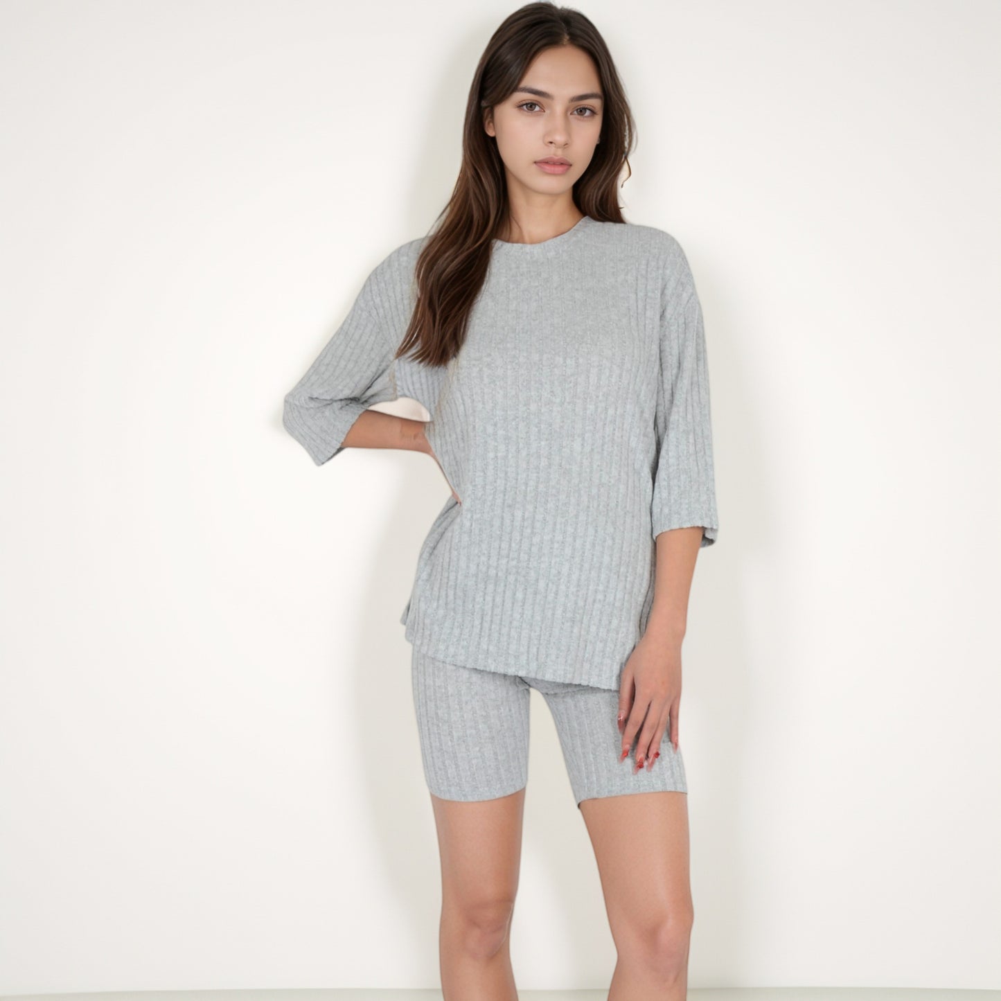 Anna-Kaci Women's Ribbed Knit Lounge Set with 3/4 Sleeve Top and Fitted Shorts
