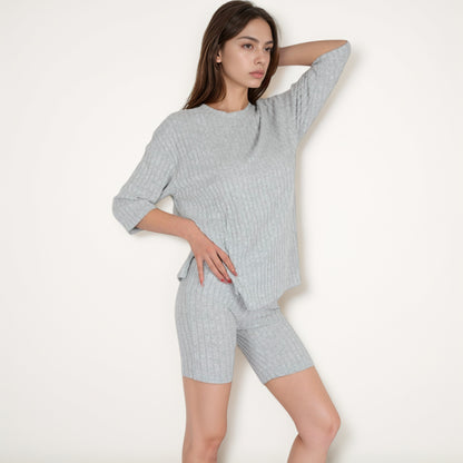 Anna-Kaci Women's Ribbed Knit Lounge Set with 3/4 Sleeve Top and Fitted Shorts