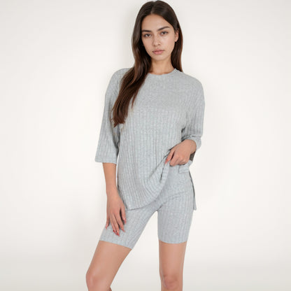 Anna-Kaci Women's Ribbed Knit Lounge Set with 3/4 Sleeve Top and Fitted Shorts