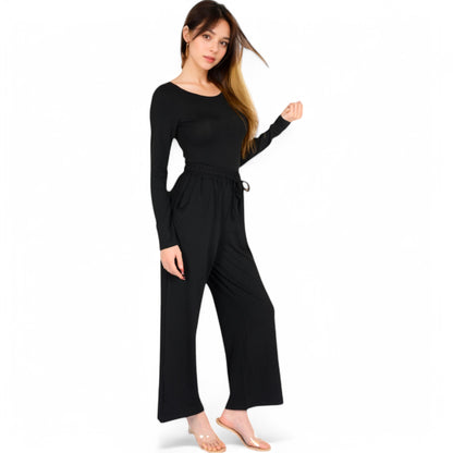 Anna-Kaci Women's Wide-Leg Lounge Set with Elastic Waist and Drawstring Closure- Black,Small