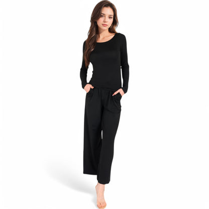 Anna-Kaci Women's Wide-Leg Lounge Set with Elastic Waist and Drawstring Closure- Black,Small