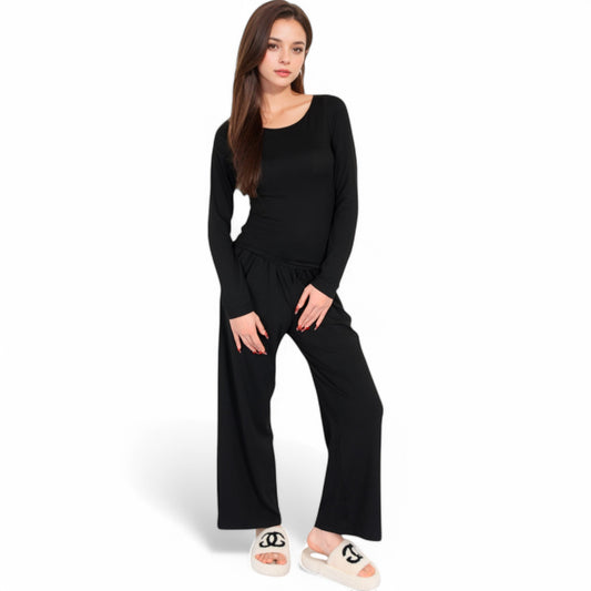 Anna-Kaci Women's Wide-Leg Lounge Set with Elastic Waist and Drawstring Closure- Black,Small