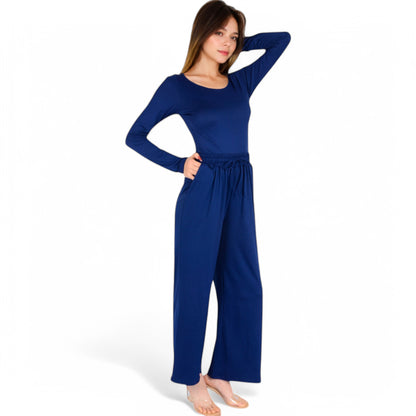 Anna-Kaci Women's Wide-Leg Lounge Set with Elastic Waist and Drawstring Closure- Black,Small