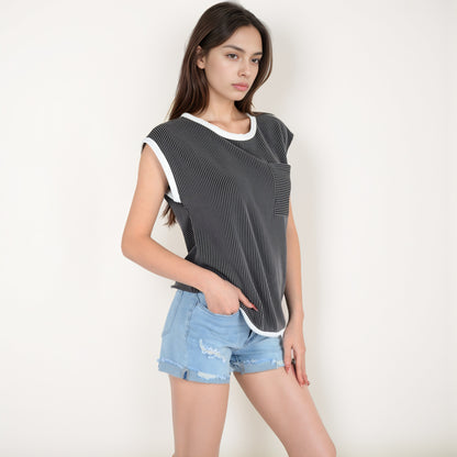 Anna-Kaci Women's Sleeveless Striped Knit Top with Contrast Trim and Chest Pocket Detail