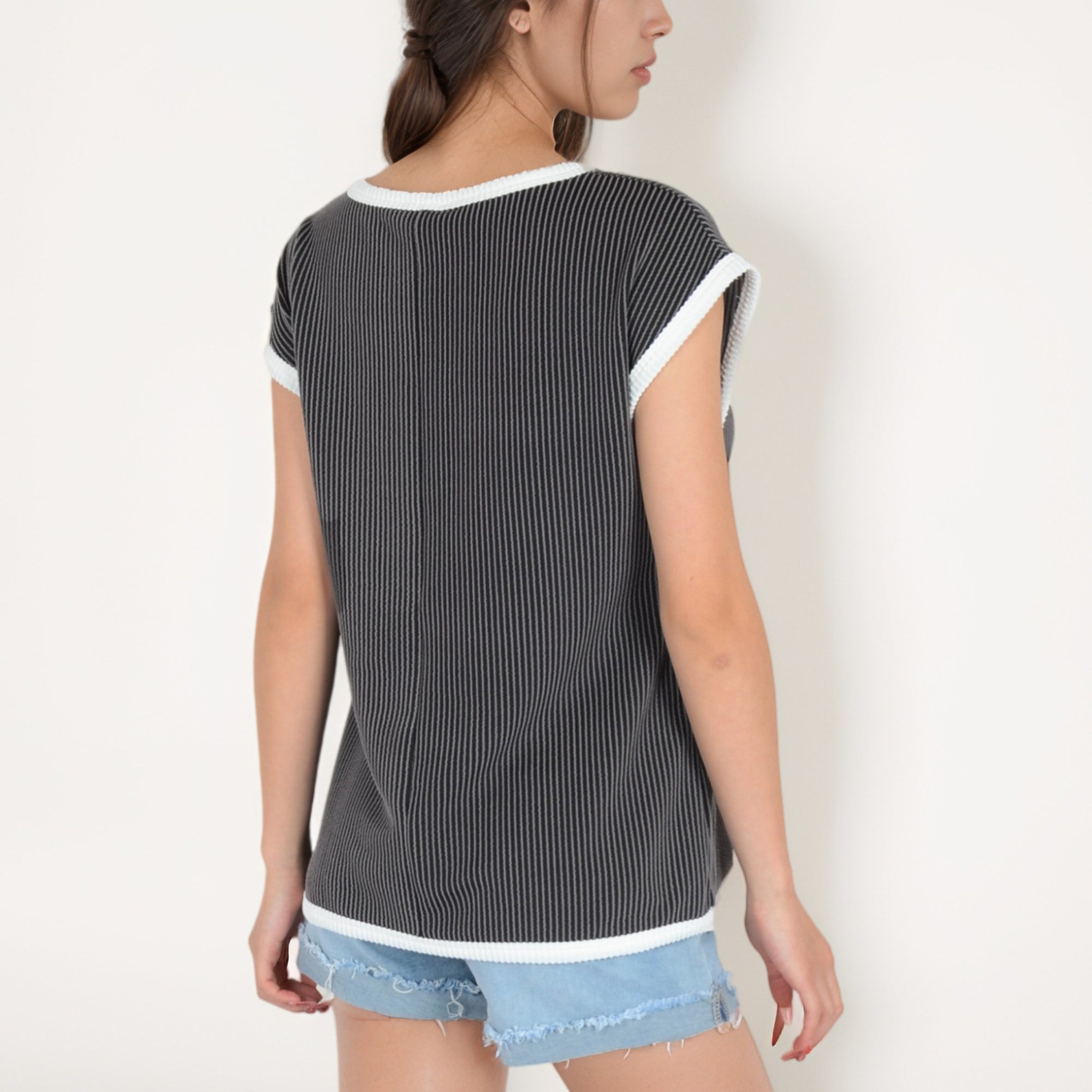 Anna-Kaci Women's Sleeveless Striped Knit Top with Contrast Trim and Chest Pocket Detail