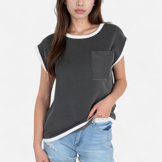 Anna-Kaci Women's Sleeveless Striped Knit Top with Contrast Trim and Chest Pocket Detail