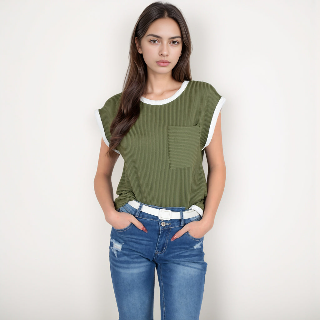 Anna-Kaci Women's Sleeveless Striped Knit Top with Contrast Trim and Chest Pocket Detail