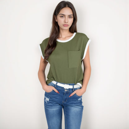 Anna-Kaci Women's Sleeveless Striped Knit Top with Contrast Trim and Chest Pocket Detail