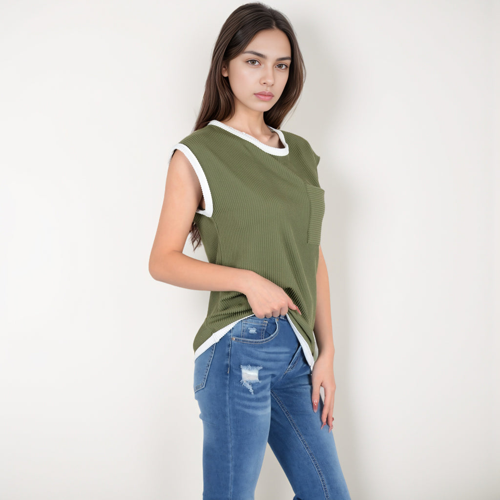 Anna-Kaci Women's Sleeveless Striped Knit Top with Contrast Trim and Chest Pocket Detail