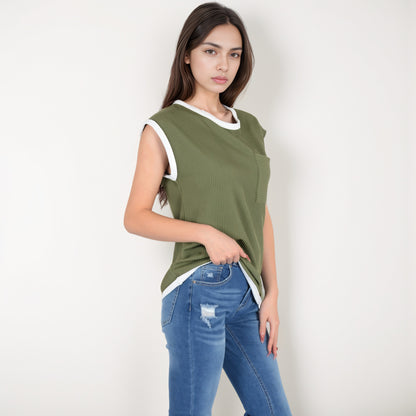 Anna-Kaci Women's Sleeveless Striped Knit Top with Contrast Trim and Chest Pocket Detail