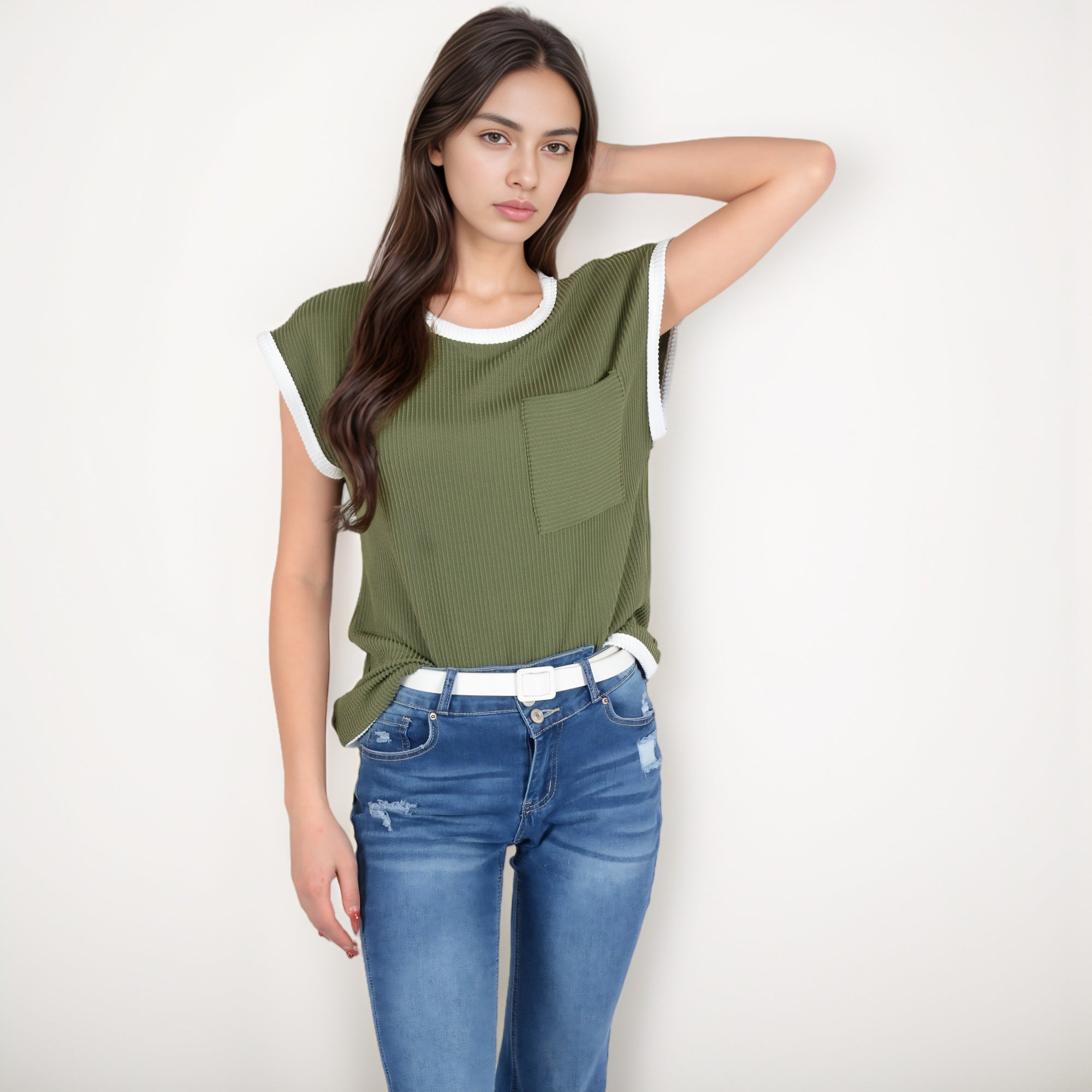 Anna-Kaci Women's Sleeveless Striped Knit Top with Contrast Trim and Chest Pocket Detail
