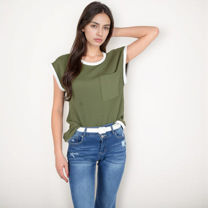 Anna-Kaci Women's Sleeveless Striped Knit Top with Contrast Trim and Chest Pocket Detail