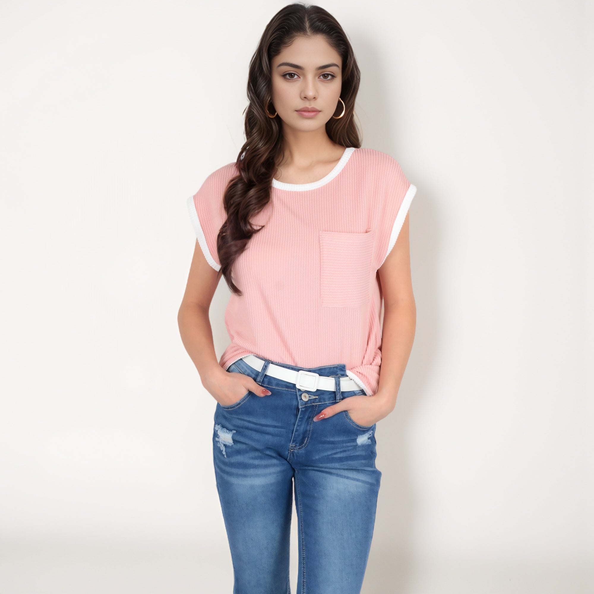 Anna-Kaci Women's Sleeveless Striped Knit Top with Contrast Trim and Chest Pocket Detail