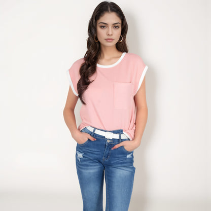 Anna-Kaci Women's Sleeveless Striped Knit Top with Contrast Trim and Chest Pocket Detail