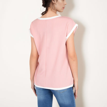 Anna-Kaci Women's Sleeveless Striped Knit Top with Contrast Trim and Chest Pocket Detail