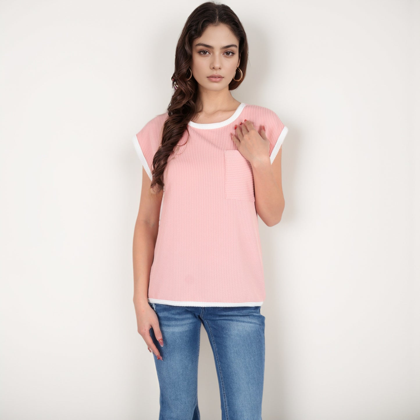 Anna-Kaci Women's Sleeveless Striped Knit Top with Contrast Trim and Chest Pocket Detail